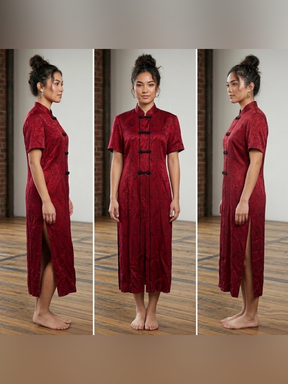 Vintage R&M Richards Women’s L Red Mandarin Dress Qipao Cheongsam Jacket USA 90s